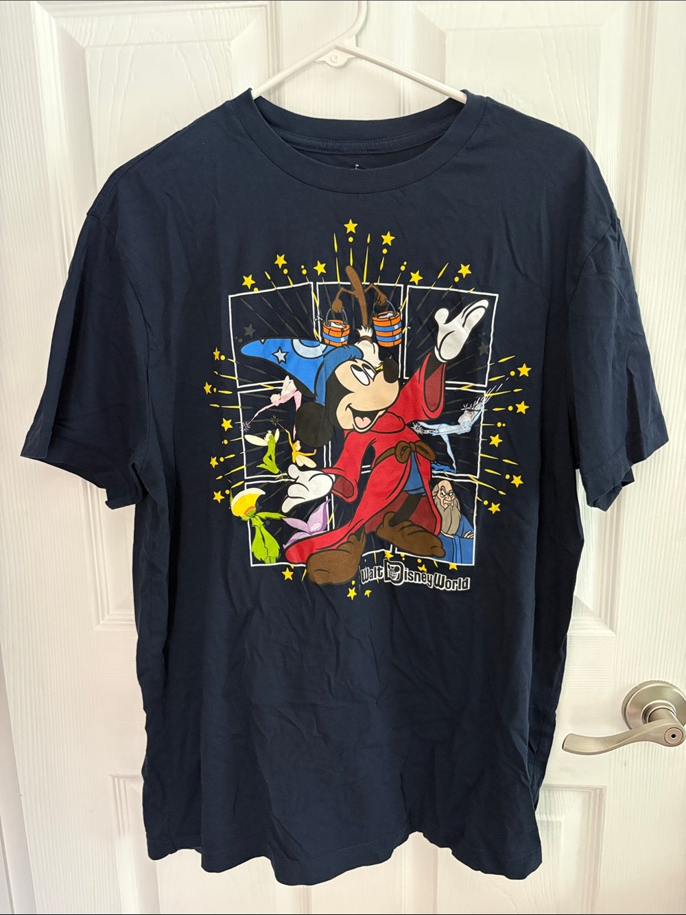 Disney Fantasia Navy Sorcerer Mickey Graphic Tee with Multicolor Print